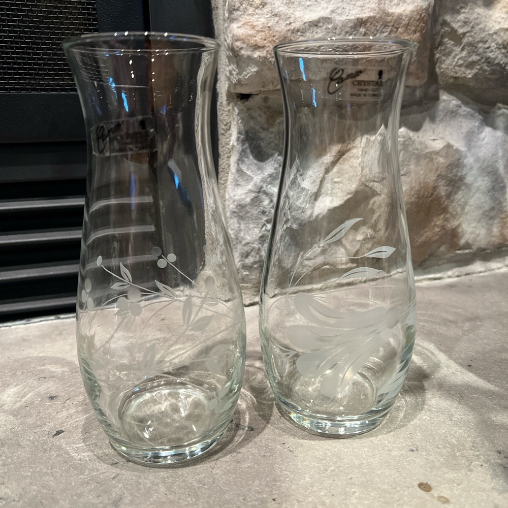 Pair of Vintage Cameo Crystal Clear Vases with Etched Floral Design